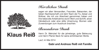 Traueranzeige von Klaus Reiß von Pegnitz-Zeitung